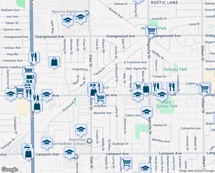 map of restaurants, bars, coffee shops, grocery stores, and more near 8682 Marylee Drive in Garden Grove