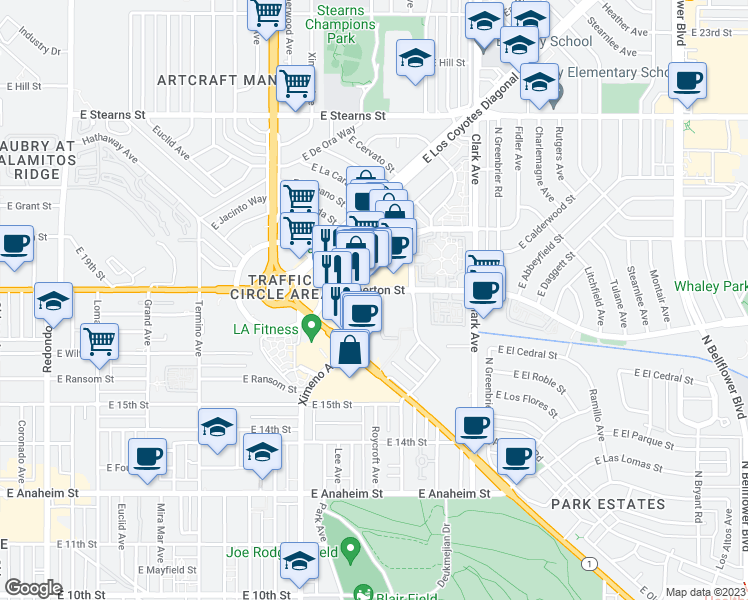 map of restaurants, bars, coffee shops, grocery stores, and more near 1742 Ximeno Avenue in Long Beach