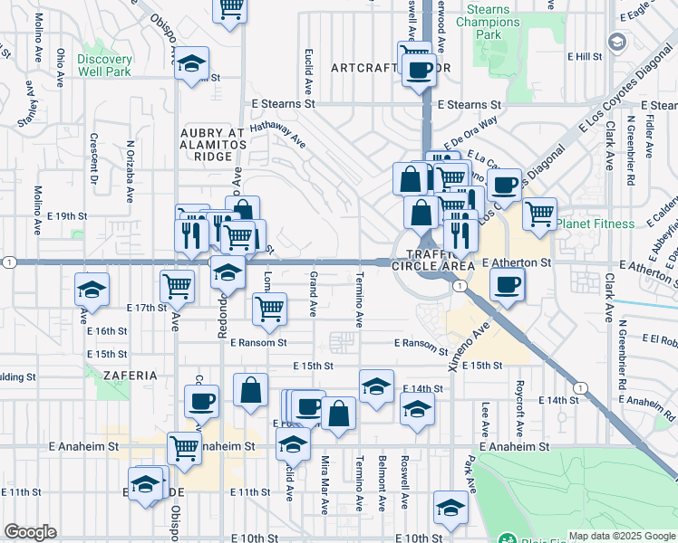 map of restaurants, bars, coffee shops, grocery stores, and more near 1744 Grand Avenue in Long Beach