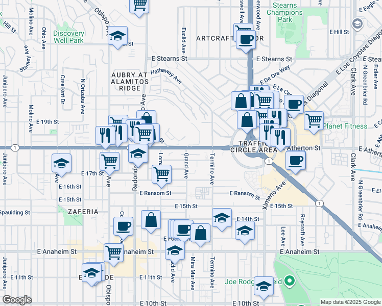map of restaurants, bars, coffee shops, grocery stores, and more near 1744 Grand Avenue in Long Beach