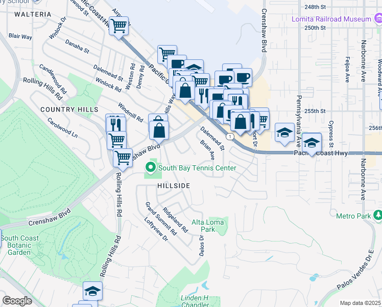 map of restaurants, bars, coffee shops, grocery stores, and more near 2521 Nearcliff Street in Torrance