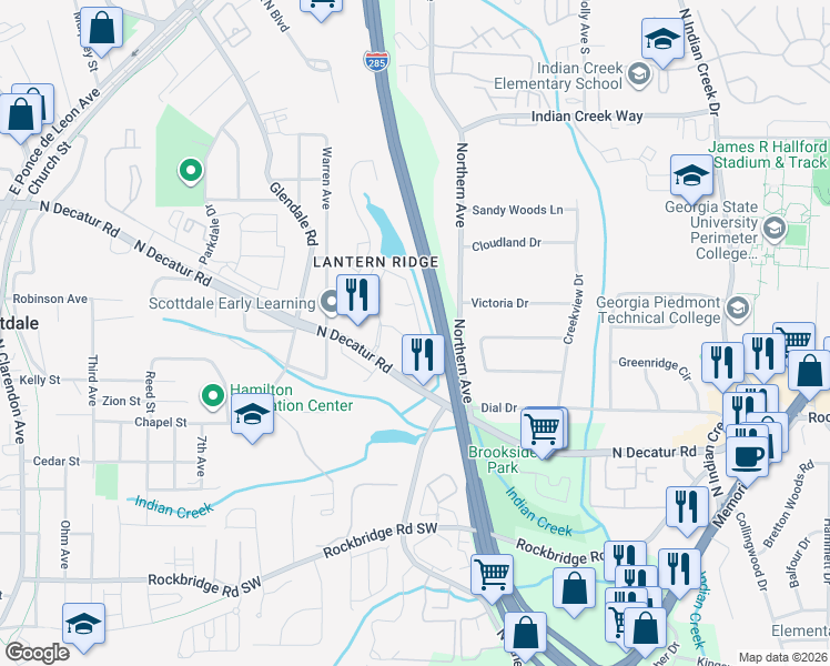 map of restaurants, bars, coffee shops, grocery stores, and more near 492 Lantern Wood Drive in Scottdale