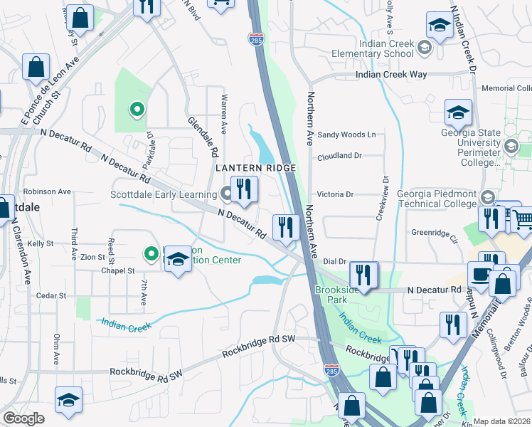 map of restaurants, bars, coffee shops, grocery stores, and more near 3631 Lantern Crest Cove in Scottdale