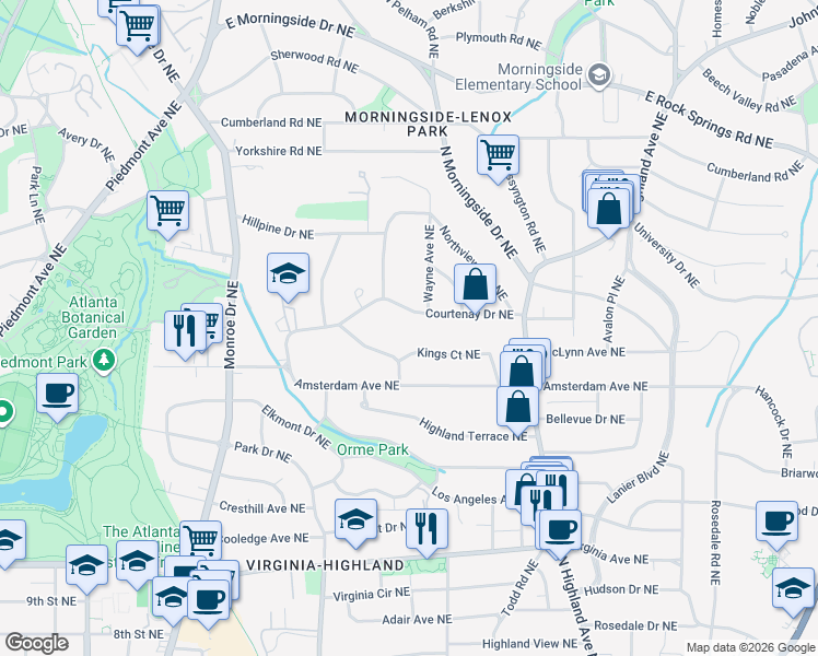 map of restaurants, bars, coffee shops, grocery stores, and more near 828 Kings Court Northeast in Atlanta