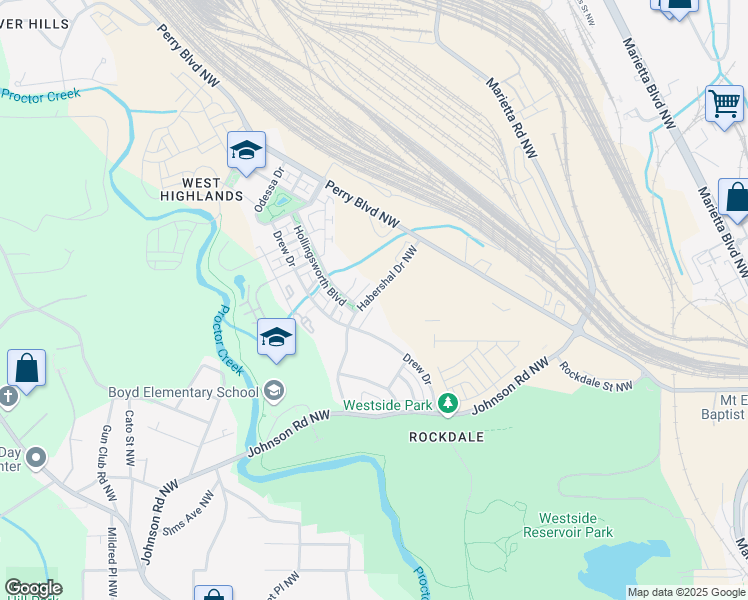 map of restaurants, bars, coffee shops, grocery stores, and more near 1639 Habershal Drive Northwest in Atlanta