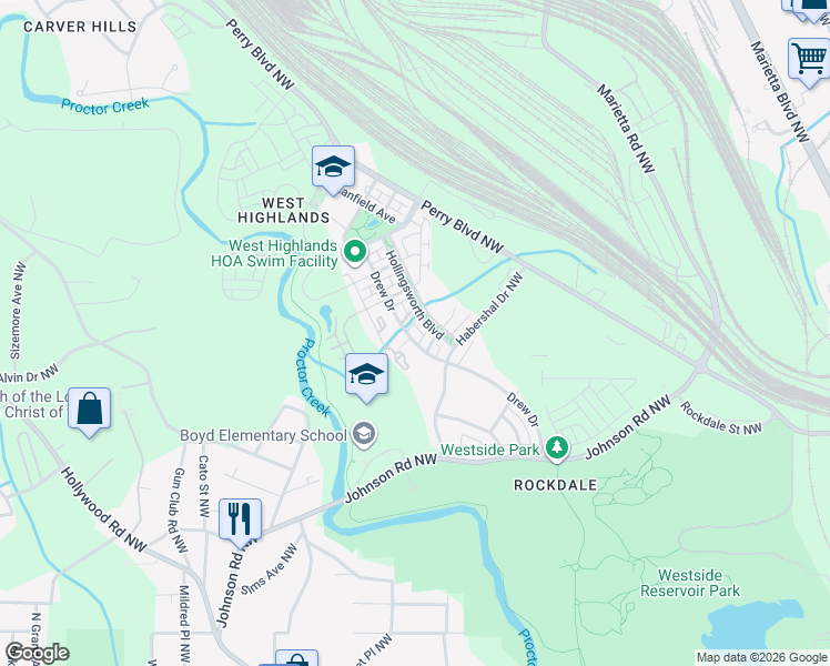 map of restaurants, bars, coffee shops, grocery stores, and more near 1735 Drew Drive in Atlanta