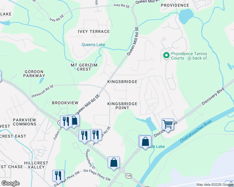 map of restaurants, bars, coffee shops, grocery stores, and more near 559 Hunnicut Road Southeast in Mableton
