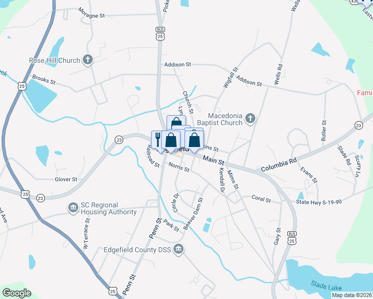 map of restaurants, bars, coffee shops, grocery stores, and more near 300 Main Street in Edgefield