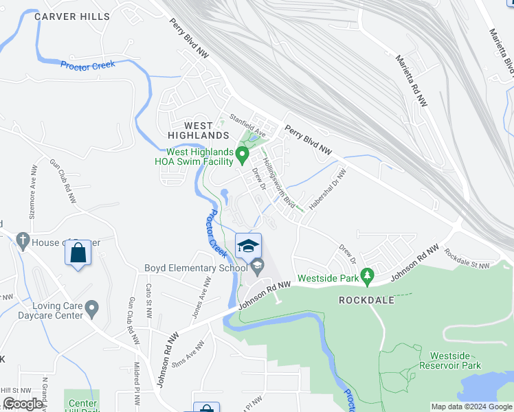 map of restaurants, bars, coffee shops, grocery stores, and more near Westmoreland Circle Northwest in Atlanta