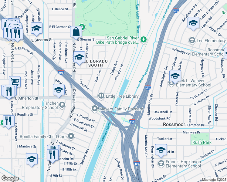 map of restaurants, bars, coffee shops, grocery stores, and more near 1886 Stevely Avenue in Long Beach