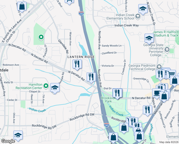 map of restaurants, bars, coffee shops, grocery stores, and more near 492 Lantern Wood Drive in Scottdale