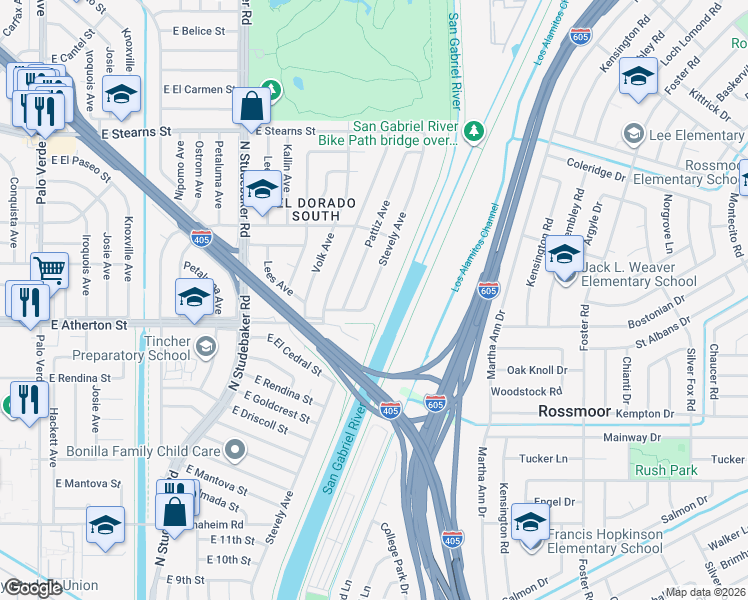 map of restaurants, bars, coffee shops, grocery stores, and more near 1886 Stevely Avenue in Long Beach