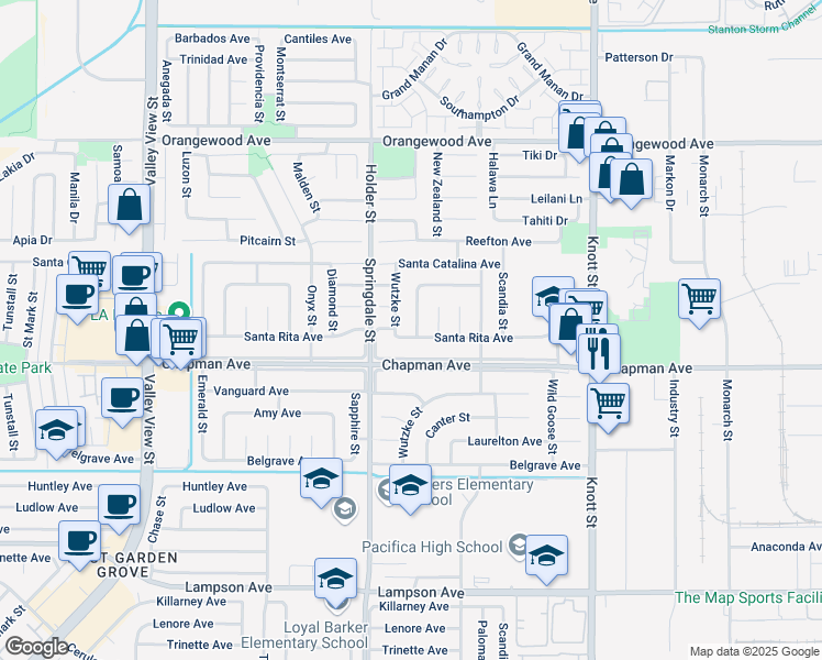 map of restaurants, bars, coffee shops, grocery stores, and more near 11911 Carlotta Street in Garden Grove