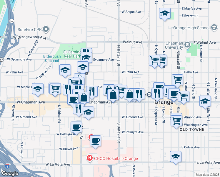 map of restaurants, bars, coffee shops, grocery stores, and more near 1006 West Maple Avenue in Orange