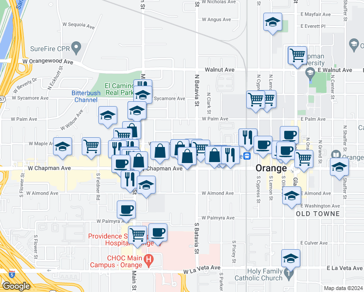 map of restaurants, bars, coffee shops, grocery stores, and more near 1006 West Maple Avenue in Orange