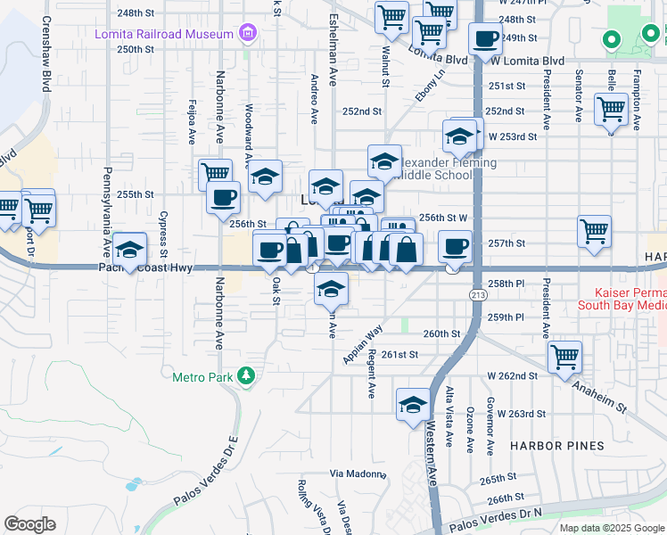map of restaurants, bars, coffee shops, grocery stores, and more near Pacific Coast Hwy & Eshelman Ave in Lomita