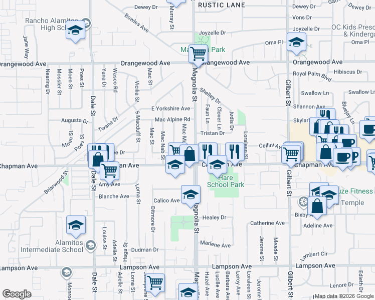 map of restaurants, bars, coffee shops, grocery stores, and more near 8932 Marylee Drive in Garden Grove