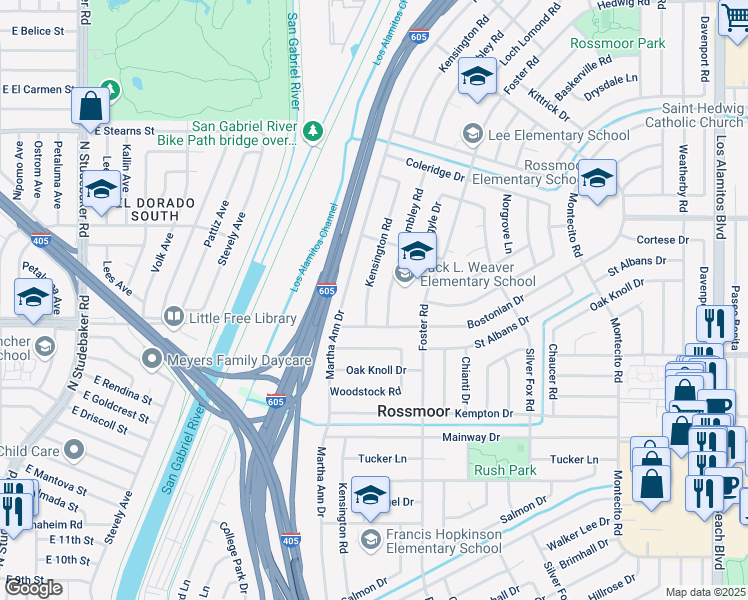 map of restaurants, bars, coffee shops, grocery stores, and more near 11941 Kensington Road in Los Alamitos