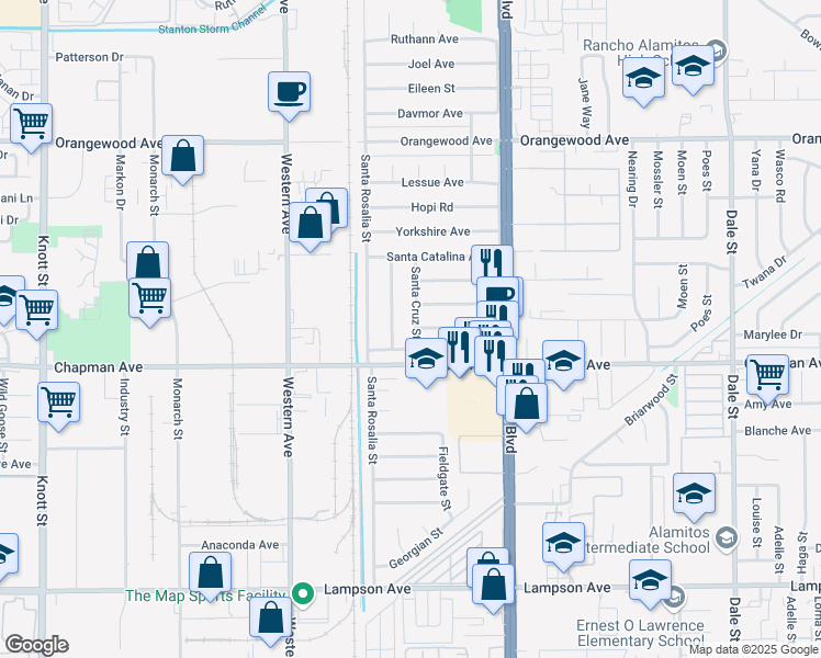 map of restaurants, bars, coffee shops, grocery stores, and more near 11901 Santa Cruz Street in Stanton
