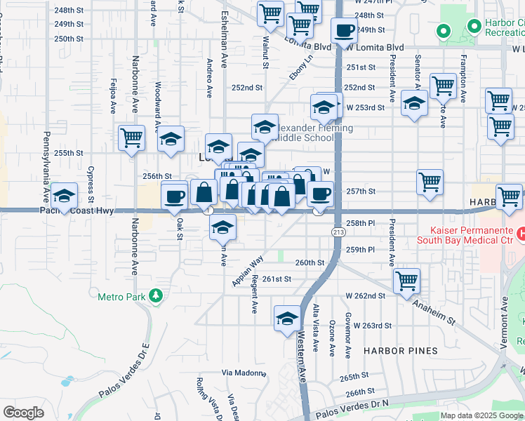 map of restaurants, bars, coffee shops, grocery stores, and more near 1914 Pacific Coast Highway in Lomita