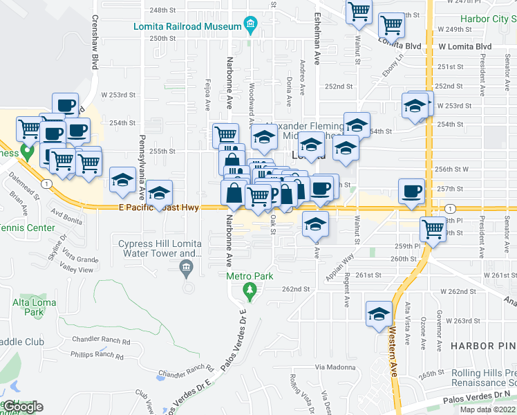 map of restaurants, bars, coffee shops, grocery stores, and more near Pacific Coast Highway in Lomita