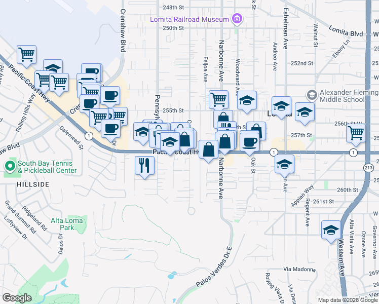 map of restaurants, bars, coffee shops, grocery stores, and more near Pacific Coast Highway & Cypress Street in Lomita