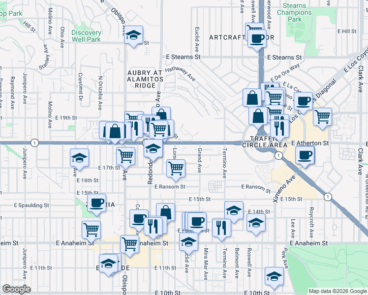 map of restaurants, bars, coffee shops, grocery stores, and more near 3624 East Pacific Coast Highway in Long Beach