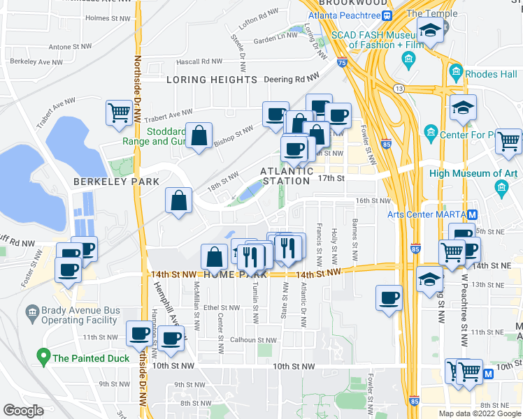 map of restaurants, bars, coffee shops, grocery stores, and more near 1229 Mecaslin Street Northwest in Atlanta