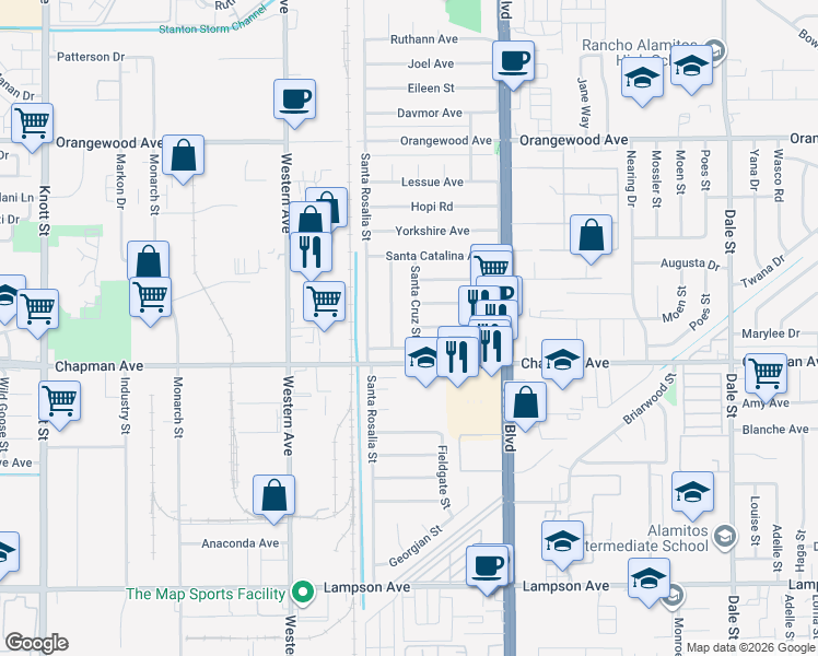 map of restaurants, bars, coffee shops, grocery stores, and more near 11901 Santa Cruz Street in Stanton