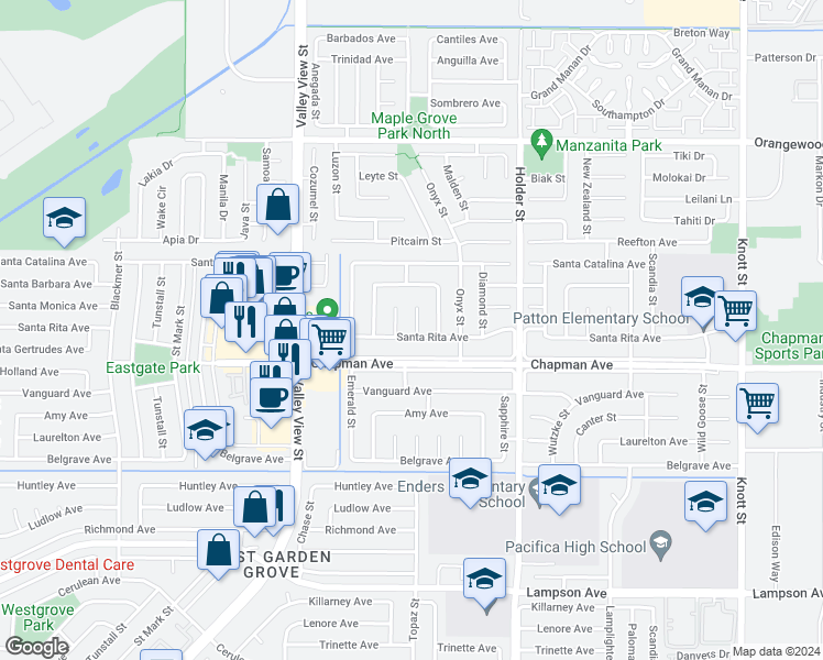 map of restaurants, bars, coffee shops, grocery stores, and more near 6251 Santa Rita Avenue in Garden Grove