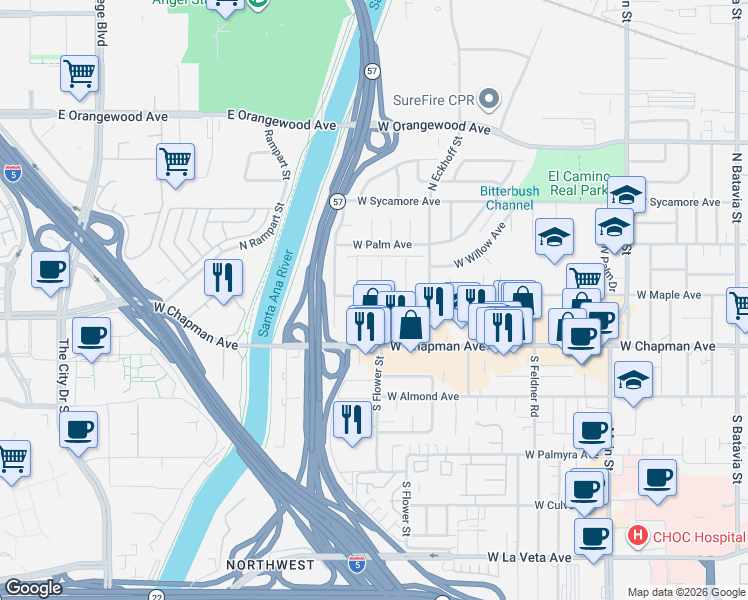 map of restaurants, bars, coffee shops, grocery stores, and more near 190 North Flower Street in Orange