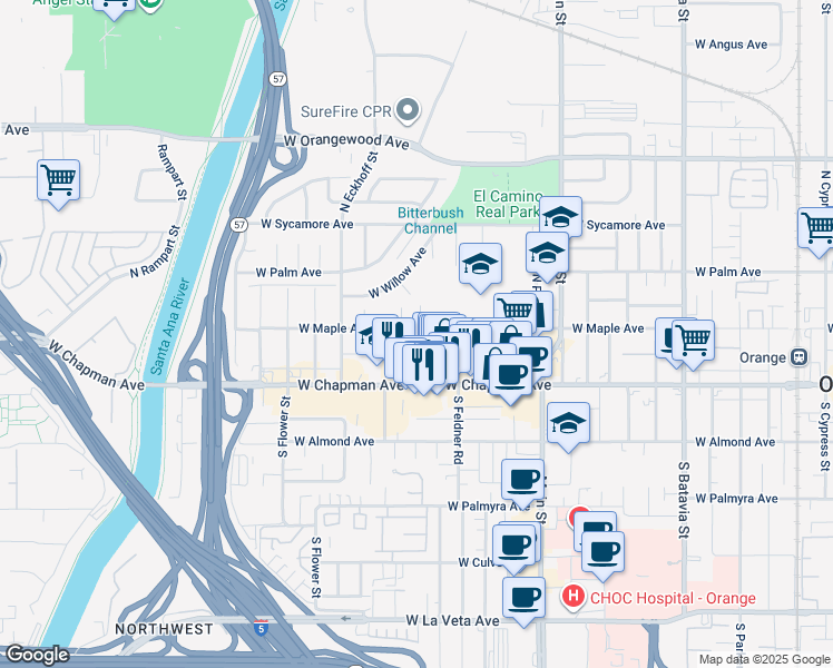 map of restaurants, bars, coffee shops, grocery stores, and more near 1826 West Maple Avenue in Orange