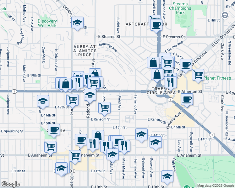map of restaurants, bars, coffee shops, grocery stores, and more near in Long Beach