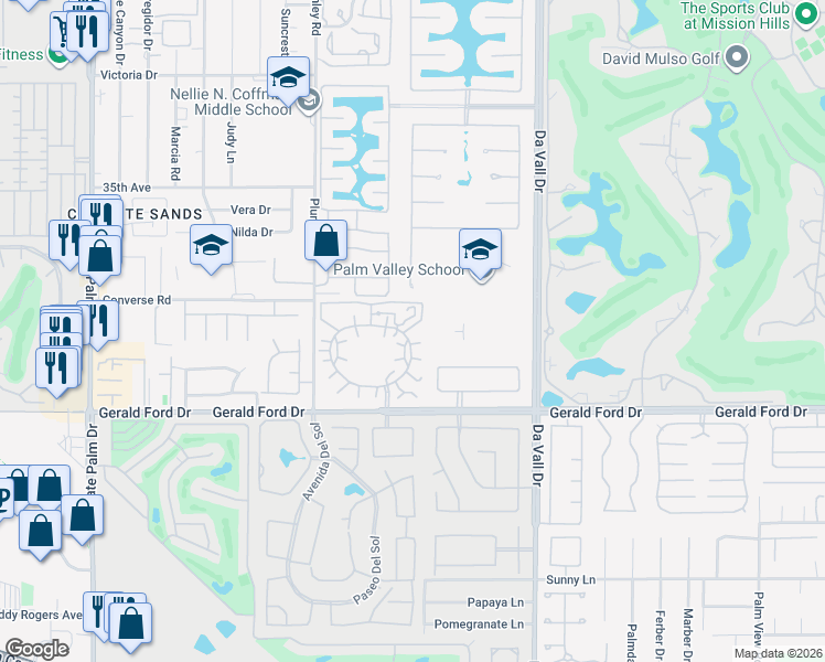 map of restaurants, bars, coffee shops, grocery stores, and more near 69747 Del Valle Court in Rancho Mirage