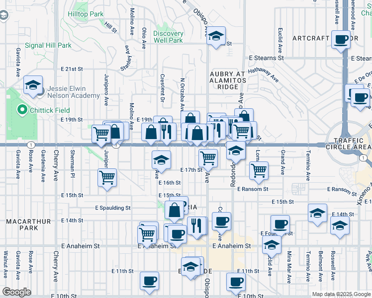map of restaurants, bars, coffee shops, grocery stores, and more near 1750 Orizaba Avenue in Long Beach