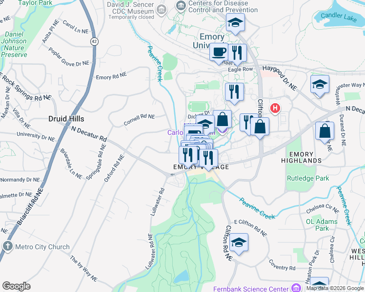 map of restaurants, bars, coffee shops, grocery stores, and more near 1303 Oakdale Road Northeast in Atlanta