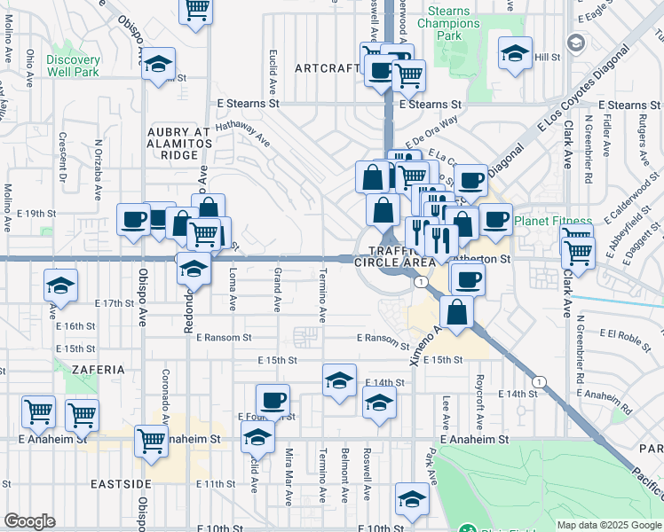 map of restaurants, bars, coffee shops, grocery stores, and more near 1739 Termino Avenue in Long Beach