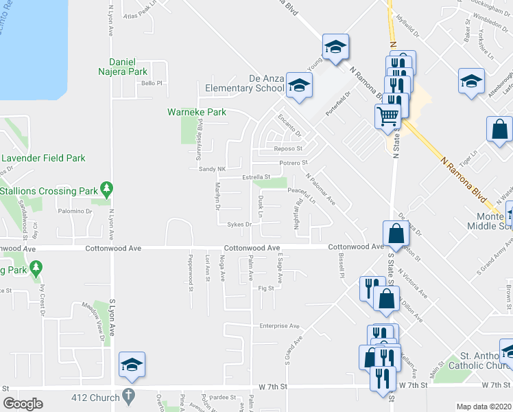 map of restaurants, bars, coffee shops, grocery stores, and more near 218 Dusk Lane in San Jacinto