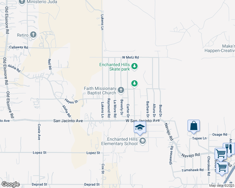 map of restaurants, bars, coffee shops, grocery stores, and more near 22836 La More Road in Perris