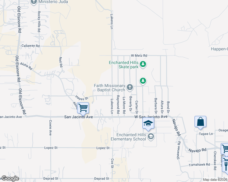 map of restaurants, bars, coffee shops, grocery stores, and more near 22820 Lukens Lane in Perris