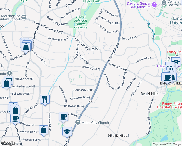 map of restaurants, bars, coffee shops, grocery stores, and more near 1260 Briarcliff Road Northeast in Atlanta