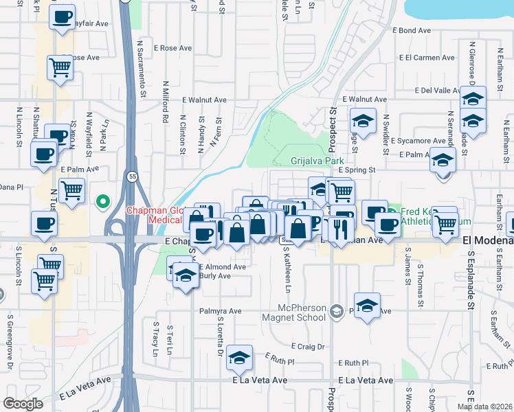 map of restaurants, bars, coffee shops, grocery stores, and more near 195 North Malena Drive in Orange