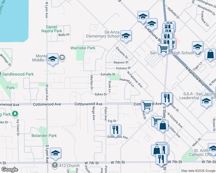 map of restaurants, bars, coffee shops, grocery stores, and more near 218 Dusk Lane in San Jacinto