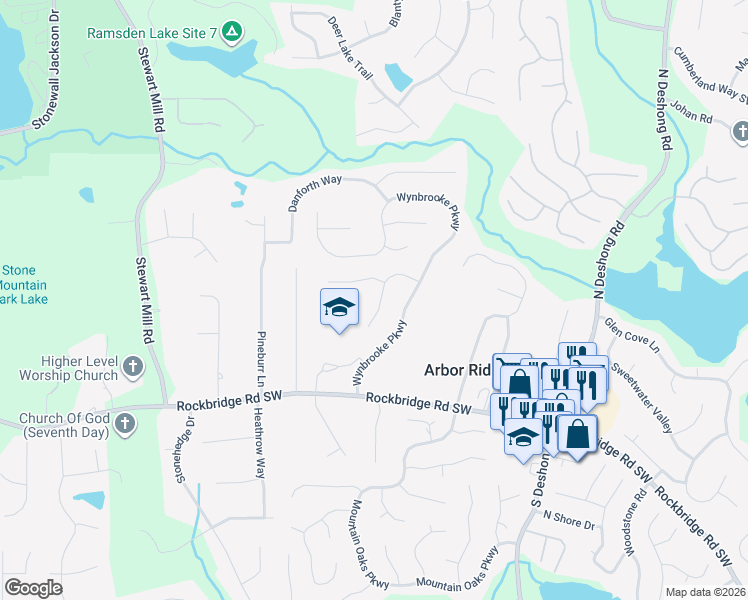 map of restaurants, bars, coffee shops, grocery stores, and more near 6812 Wynbrooke Cove in Stone Mountain