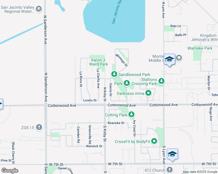 map of restaurants, bars, coffee shops, grocery stores, and more near 195 Garcia Drive in San Jacinto