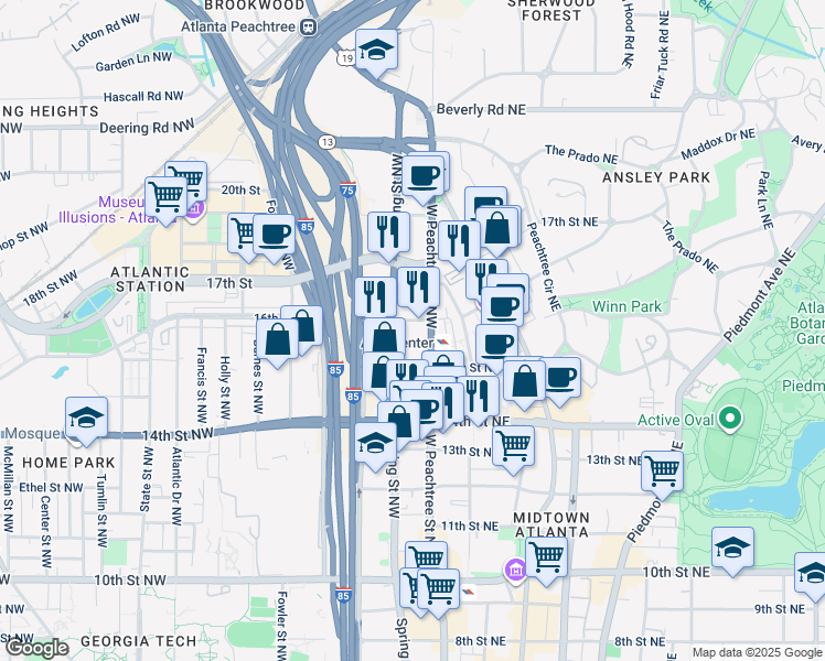 map of restaurants, bars, coffee shops, grocery stores, and more near 1280 West Peachtree Street Northwest in Atlanta