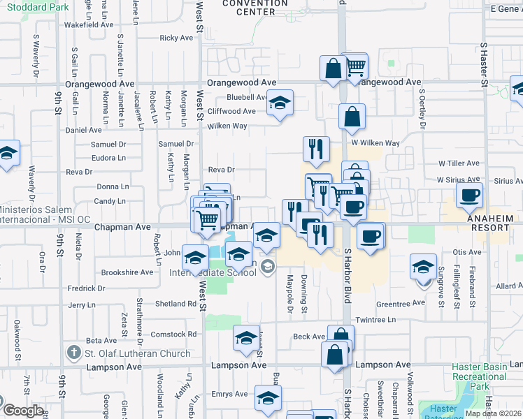 map of restaurants, bars, coffee shops, grocery stores, and more near 12219 Chapman Avenue in Garden Grove