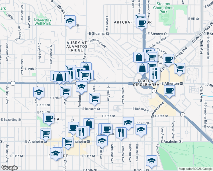 map of restaurants, bars, coffee shops, grocery stores, and more near 1749 Grand Avenue in Long Beach