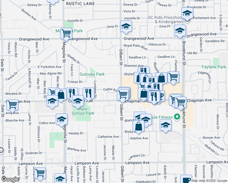 map of restaurants, bars, coffee shops, grocery stores, and more near 9382 Cellini Avenue in Garden Grove