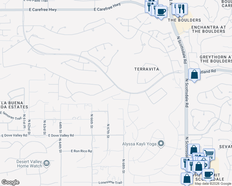 map of restaurants, bars, coffee shops, grocery stores, and more near 6719 East Soaring Eagle Way in Scottsdale